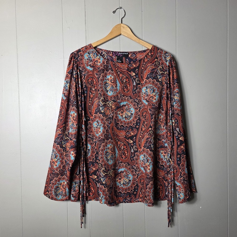 PECK & PECK BOLD ORANGE PAISLEY PATTERN LONG SLEEVES WITH TASSELS WOMENS SIZE XL